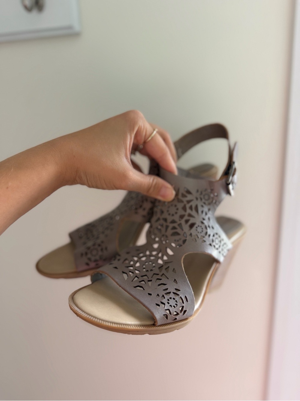 Leather Laser-Cut Open-Toe Women's Sandals in Taupe